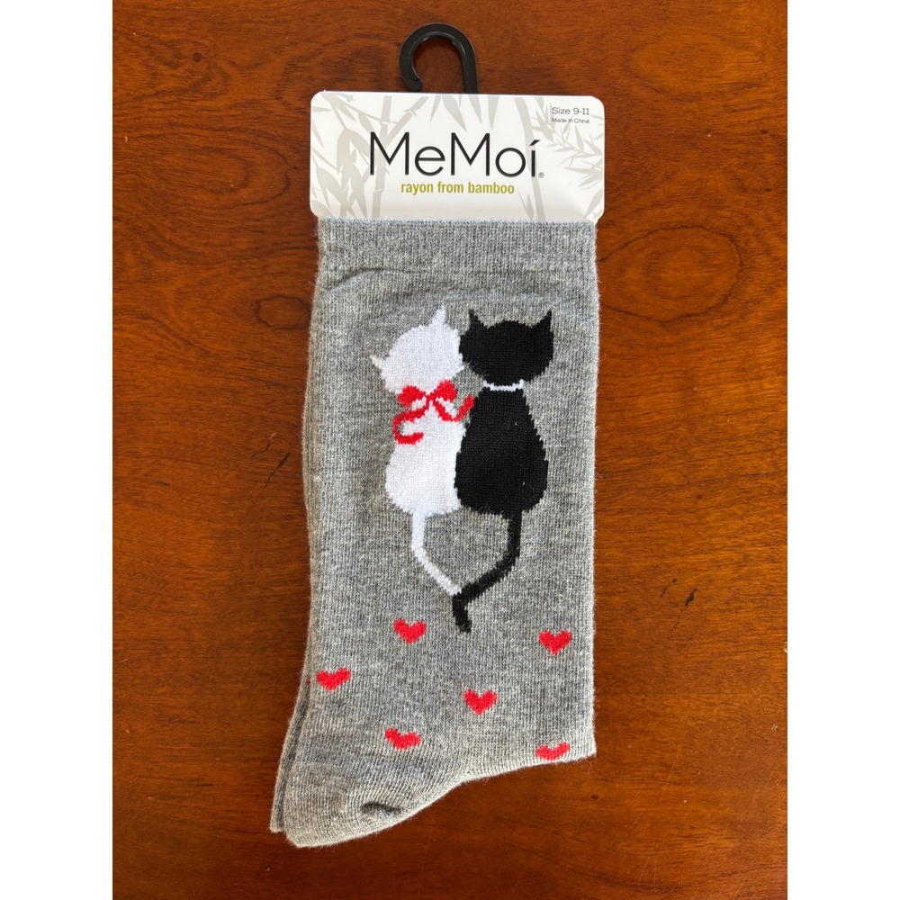 MeMoi Womens Bamboo Rayon Cat Heart Crew Socks Gray MW-0142 Size 9-11